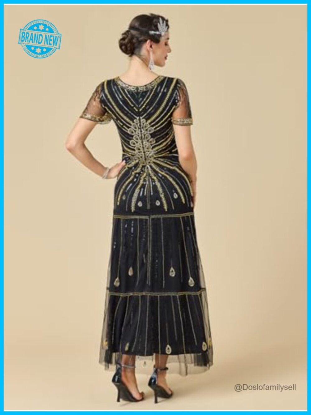 1920s Flapper Sequin Beaded V-Neck Maxi Evening Gown Formal Party - Picture 3 of 4